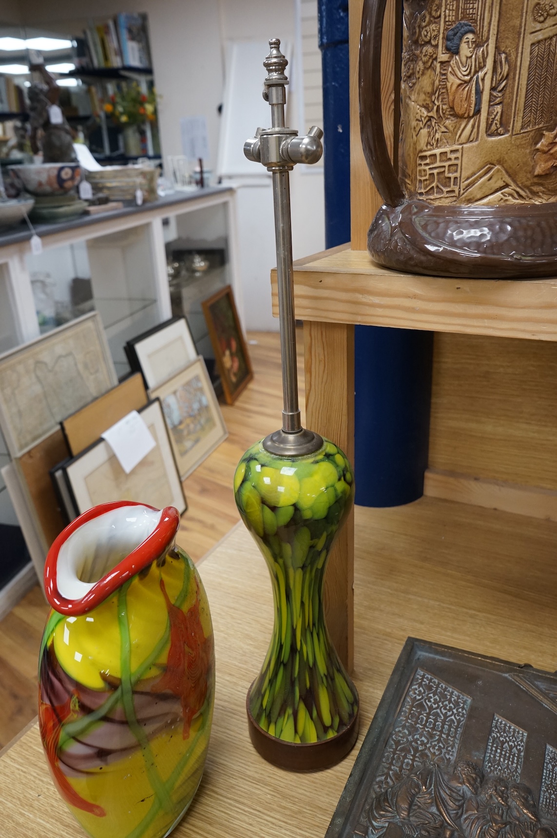 A faux glass lamp base with chome fitting and an art glass vase, lamp base 65cm high